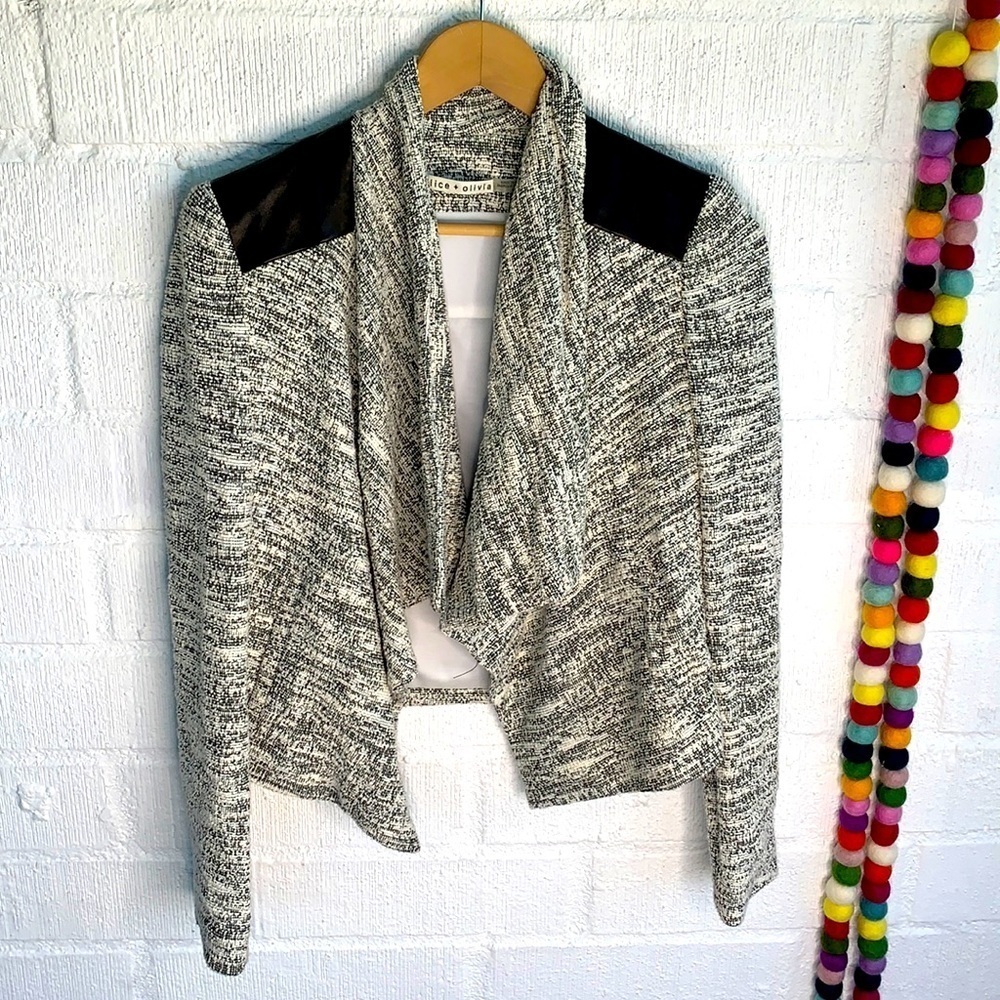 Alice & Olivia Lamb Leather Cap Waterfall Tweed Moto Zip Sleeve Jacket sz 0
